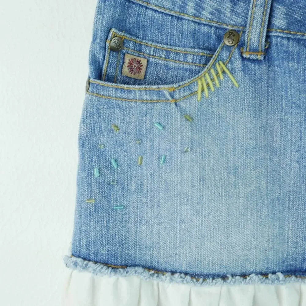 Vintage Y2K Mixed Media Denim Skirt Tiered Lace Western Coastal Cowgirl XS‎ S